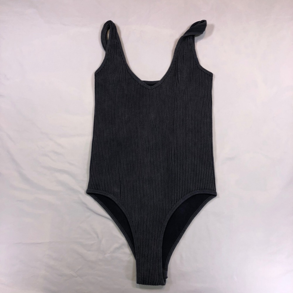 Aura Ribbed Knit V-Neck Bodysuit Charcoal Gray XS/S SBS1523-W